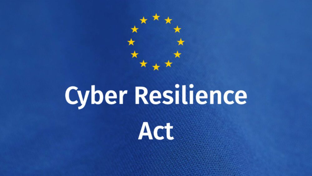 Europäische Flagge mit Cyber Resilience Act / CRA Text
