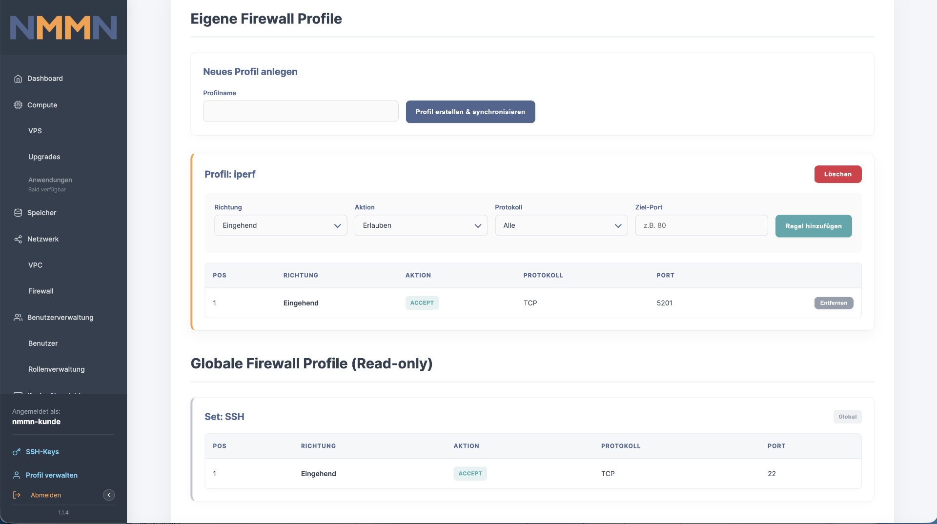 Screenshot des NMMN Cloud Panel - Firewall Konfiguration