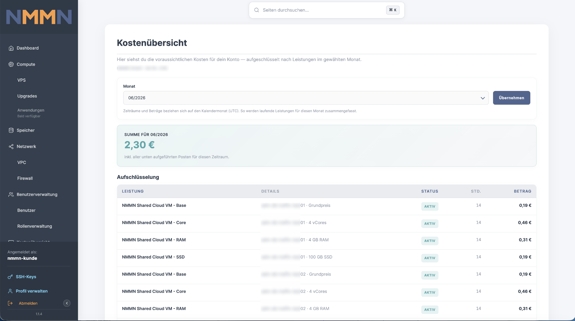 Screenshot des NMMN Cloud Panel - Kostenübersicht