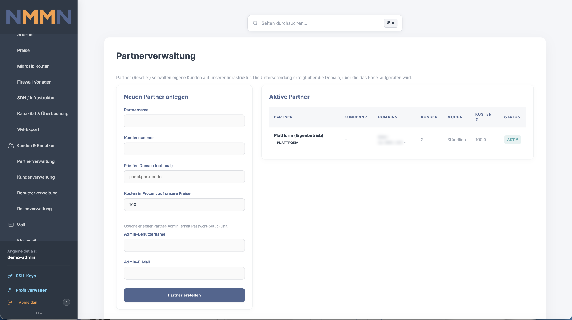 Screenshot des NMMN Cloud Panel - Partnerverwaltung