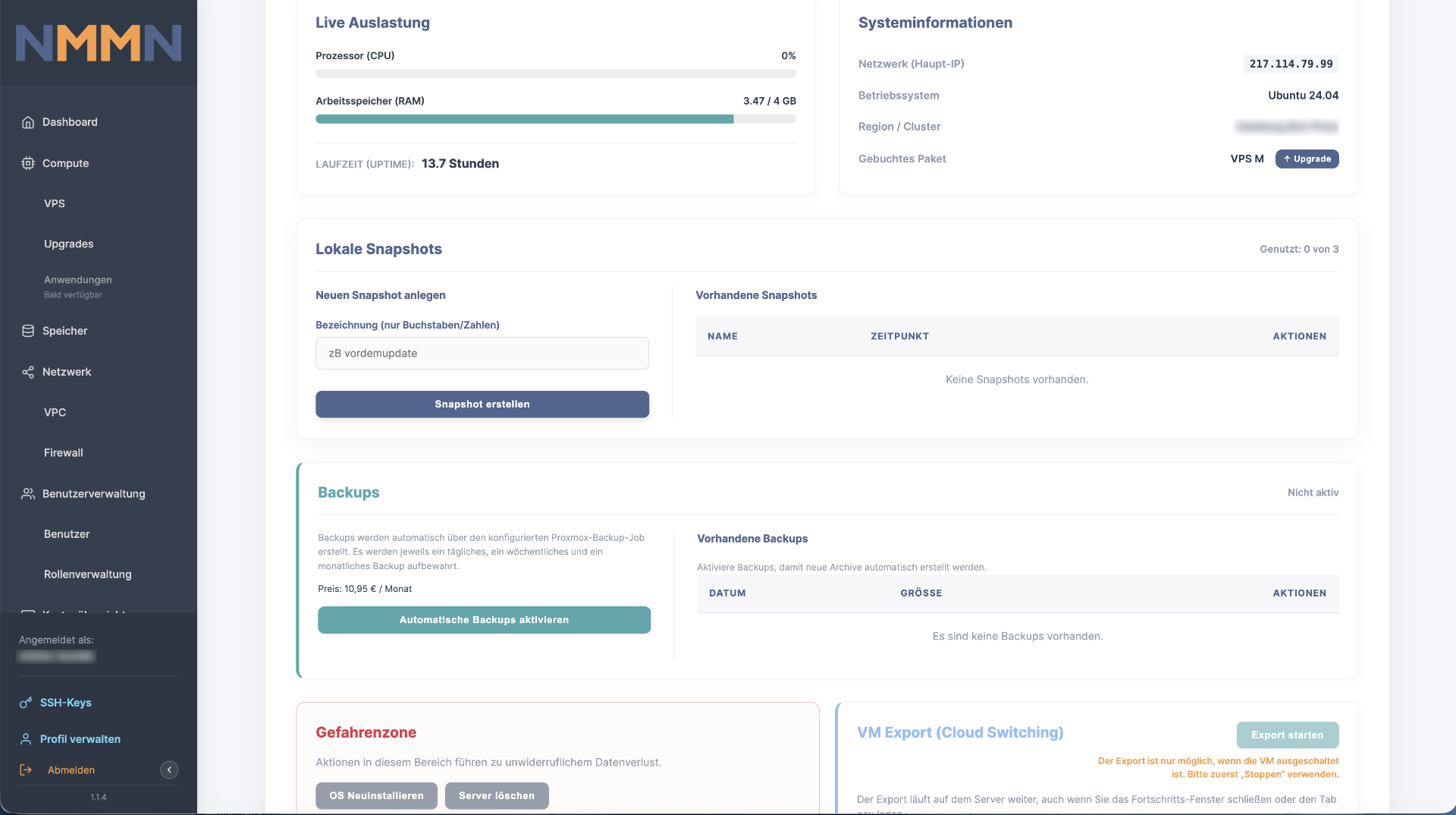 Screenshot des NMMN Cloud Panel - Snapshots & Backup